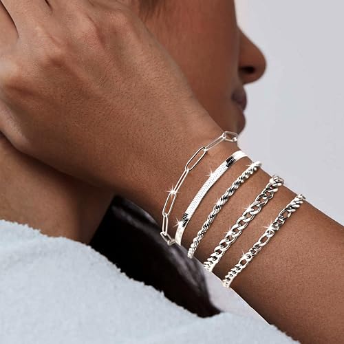 Gold Bracelets Set for Women Stack, Chunky Thick Bracelets Stack for Women Trendy, Simple Dainty Thin Gold Plated Cuff Stackable Bracelets With Beaded Cuban Paperclip Snake Rope Bangle Hand Chain Jewelry - style: Style 02-silver