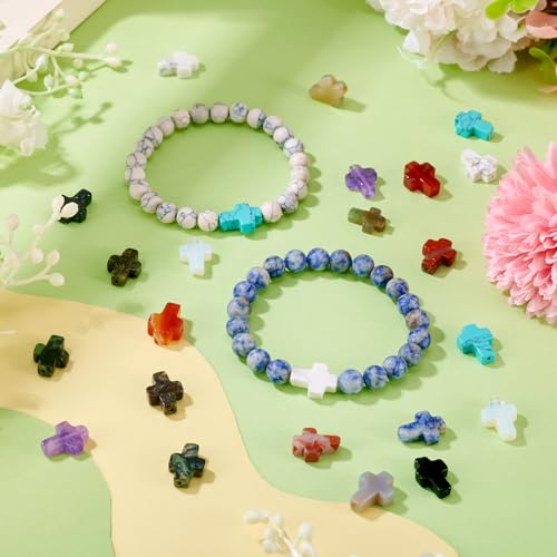 28 Pcs Cross Beads for Jewelry Making Turquoise Cross Gemstone Beads Small Crystal Crucifix Bead Charms for Easter Holiday Eid Mubarak Ramadan Christmas Necklace Jewelry Making 11-13mm - color: 14 Colors-Gemstone