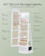 SONGMICS 360° Swivel Jewelry Cabinet, Full-Length Arched Mirror with LED Lights, Magnifying Mirror, Storage Shelves, Drawer, Cloud White UJJC030WB01 - color: Cloud White