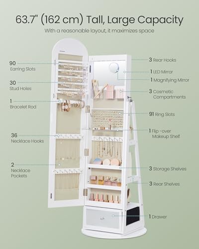 SONGMICS 360° Swivel Jewelry Cabinet, Full-Length Arched Mirror with LED Lights, Magnifying Mirror, Storage Shelves, Drawer, Cloud White UJJC030WB01 - color: Cloud White