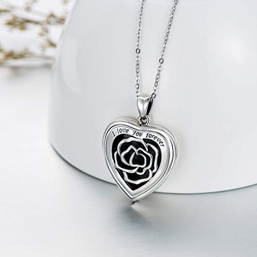 SOULMEET Personalized Silver Locket Necklace That Holds Pictures Photo Keep Someone Near to You, Memorial Custom Lockets Necklaces Letters Engraving for His Her - color: B-Rose-Black, style: Locket+Custom Photo+Engraved