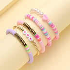 COLORFUL BLING 5-12Pcs Bohemian Love Heart Bead Bracelets for Women Vinyl Disc Heishi Surfer Stackable Stretch Bracelet Summer Beach Boho Jewelry - color: 5pcs pink purple