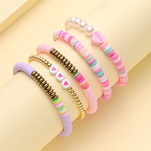 COLORFUL BLING 5-12Pcs Bohemian Love Heart Bead Bracelets for Women Vinyl Disc Heishi Surfer Stackable Stretch Bracelet Summer Beach Boho Jewelry - color: 5pcs pink purple