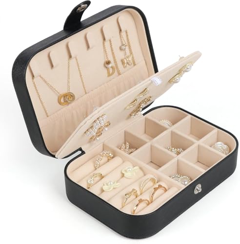 Travel Jewelry Box, Small Jewelry Organizer Boxes for Women Girls, 2 Layer Travel Jewlery Case, PU Leather Mini Portable Jewerly Storage Display Holder for Earrings, Ring, Necklaces, Bracelets Black 1 - color: Black 1