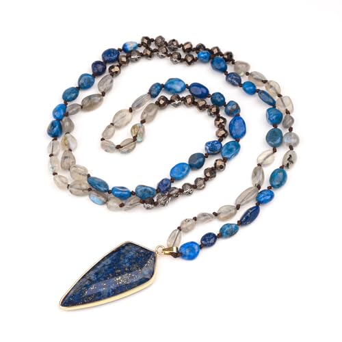 Long Necklaces for Women Boho, Oval Waterdrop Turquoise Pendant, Natural Stone Beaded, Handmade,Vintage & Elegance, Boho Fashion Charm Beaded Necklace for Women - style: C-Lapis Lazuli Pendant