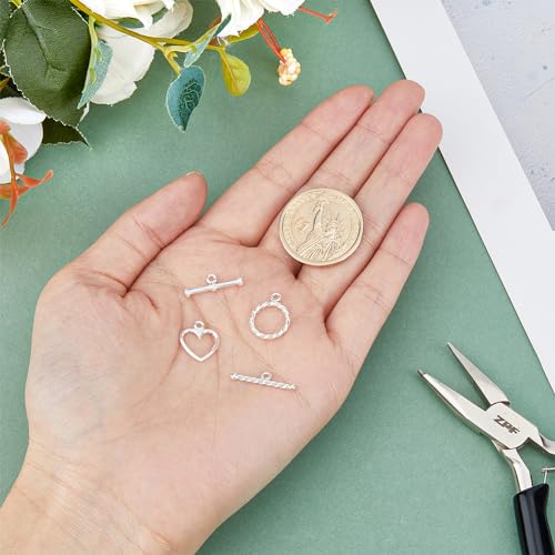 DICOSMETIC 2 Styles Sterling Silver Toggle Clasps Round and Heart Toggle Rings with 925 Stamped T-Ba Closure Connector Bracelet Clasp for Jewelry Making, 2 Sets