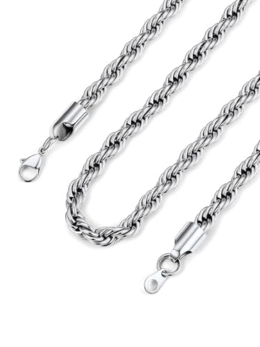 Bandmax Solid 1.5mm/2mm/3mm/6mm Rope Chains for Men Women 14K Gold Plated/Black Plated Stainless Steel Twist Chain 16-30 Inches, with Gift Box - color: 10 6MM Steel