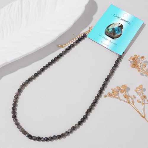 Crystal Choker Necklaces for Women,4mm Handmade Natural Stone Choker Beaded Necklace Healing Crystal Necklace Gemstone Bead Necklaces for Women - color: Larbradorite