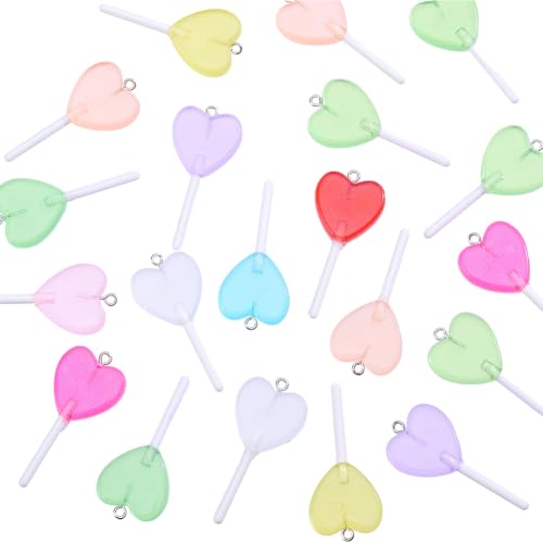 20Pcs Lollipops Resin Charms Colorful Heart Lollipop Charms Candy Dangle Pendants Lollipops Charm Pendant Bulk for Earrings Bracelets Necklaces Jewelry Making DIY Crafts Supplies - size: 46x22mm