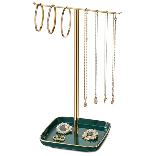 pickpiff Jewelry Holder Stand with Ceramic Base: 12" Tall Necklace Organizer Rack, Tree Design Display Storage for Necklaces, Bracelets, Rings - color: Green, size: 5.8" Base