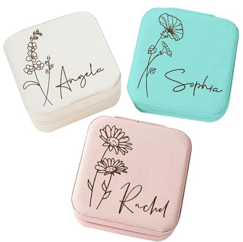 Corissy Personalized Jewelry Box for Women, Custom Travel Jewelry Case with Name and Birth Flower, Leather Jewelry Box for Rings, Earrings, Necklaces, Personalized Gifts for Women - color: Birth Flower+Name