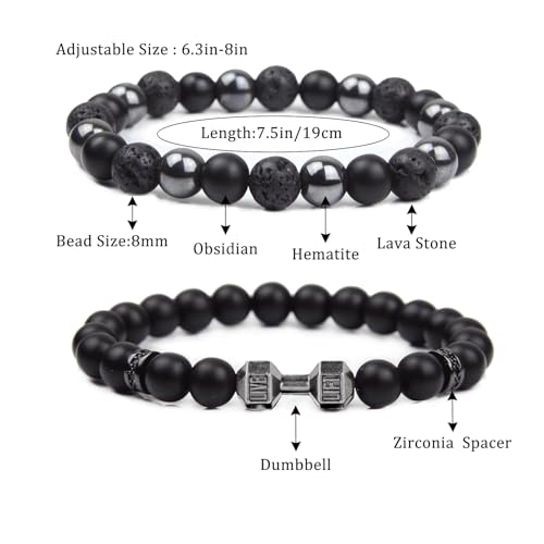Natural Stone Bracelet 8mm Mens Black Beaded Bracelets Hematite Obsidian Onyx Lava Beads Bracelet Healing Crystal Bracelet for Men - style: Dumbbell