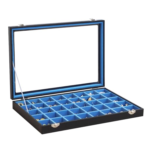 Stratalife Jewelry Organizer 40 Grid Blue Black Jewelry Tray with Clear Dust-proof Lid Velvet Earring Organizer Necklace Rings Holder Display Drawer Storage Case for Women - color: Blue-Black, size: 40 Grid