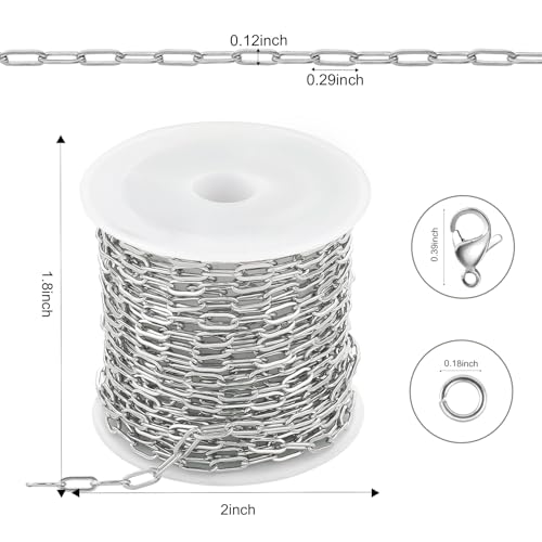 Kyutong 16.4 Feet Stainless Steel Chain Link with Spool Soldered Silver Chains for Jewelry Making 3MM Paperclip Necklace Chains Bulk for DIY Craft Bracelet Ankle Finding Supplies - color: 3mm Paperclip Silver