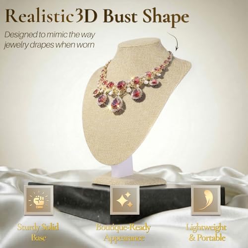 Flexzion Necklace Bust Display Stand (2 Pack) - 11 Inch 3D Mannequin Beige Linen Necklace Display Holder for Home, Boutique & Trade Shows - Jewelry Display for Selling Necklace, Pendants, Lockets - size: Standard Necklace Stand 2 Pack