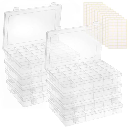 OUTUXED 8 Pack 36 Grids Clear Plastic Storage Boxes with Adjustable Dividers, Beads Storage Containers, Jewelry and DIY Crafts Organization, Screw & Hardware Sorting with 10 Label Stickers - color: 8 Pack