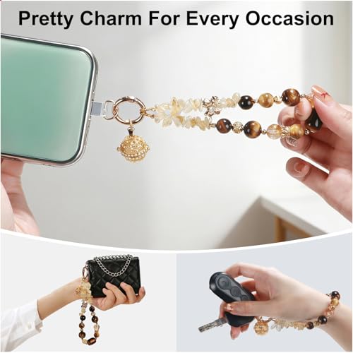 TEAMOLA Natural Stone Phone Charm, Handmade Crystal Cellphone Chain for Universal, Beaded Healing Anti Theft Phone Wrist Strap with Tether Tab, Citrine & Tiger's Eye & Aromatic Ball Pendant - color: Gold & Yellow & Black