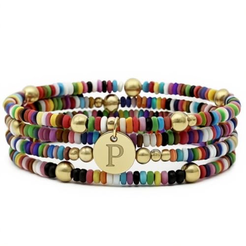 Set of 4 Colorful Bead Initial Bracelets, Personalized Stackable Jewelry, Adjustable Stretchy Charm Bracelets for Women, Beaded Bracelet Set, Trendy Custom Jewelry Gift - style: Colorful Bead - P