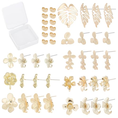 SUNNYCLUE 1 Box DIY 16 Pairs Flower Leaf Stud Earring Findings Stainless Steel Earrings Findings Thin Flower Ear Post with Ear Nuts for DIY Earring Jewelry Making - color: 16 Pairs Leaf and Flower Stud Earring Findings