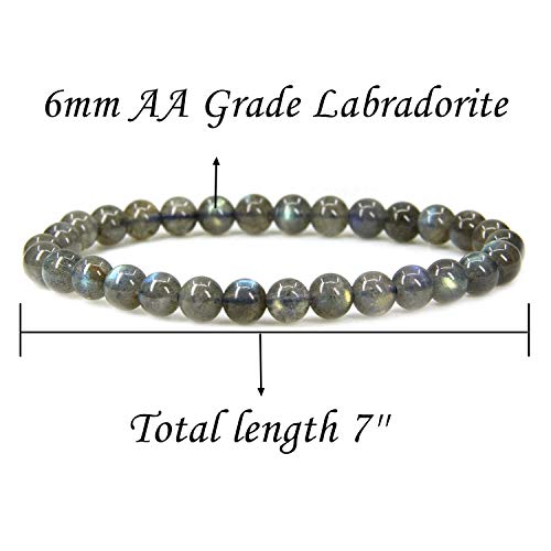 Angelstones Handmade Natural Healing Gemstone 6mm Round Beads Stretch Crystal Bracelet 7 Inch Unisex - color: Labradorite