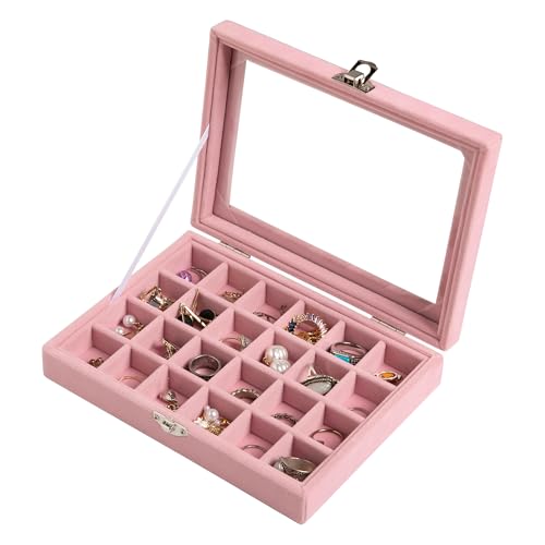 Frebeauty 24 Grid Jewelry Tray,Velvet Stud Earring Organizer,Small Jewelry Organizer with Clear Lid,Lockable Earring Holder Organizer Jewelry Boxes & Organizer Ring Holder for Women & Girls(Pink) - color: Pink