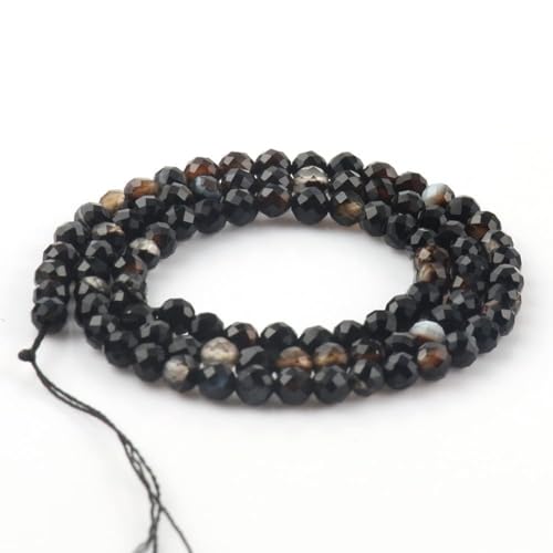 Song Xi 90pcs 4mm Natural Black Striped Agate Gemstone Beads Faceted Round Loose Stone Beads for Jewelry Making (1 Strand) - color: Black Striped Agate, size: 3.7-4.2mm