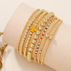 14K Gold Beaded Cross Beaded Bracelet Stack Set for Women,7PCS Bohemian Colorful Beads Ball Stretch Stackable Bracelets Trendy Holiday Birthday Gift - color: Yellow