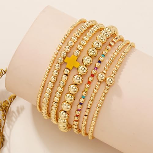 14K Gold Beaded Cross Beaded Bracelet Stack Set for Women,7PCS Bohemian Colorful Beads Ball Stretch Stackable Bracelets Trendy Holiday Birthday Gift - color: Yellow