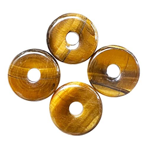 Large Hole 7mm Round Gemstone Disc Lucky Coin Pendant Bead for Jewelry Making, Polished Crystal Amulet Circle Donut Loose Stone Supplies 1.18”(30mm),4Pcs, Tiger's Eye