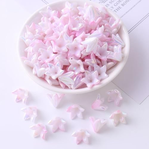 130Pcs Acrylic Trumpet Flower Beads for Jewelry Making AB Lily Flower Bead Caps Gradient Pastel Floral Beads for Earrings Necklace Bracelet DIY Craft Accessories Keychain(Pink) - color: Pink