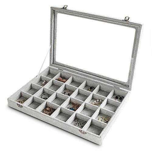 Frebeauty 24 Grid Earring Holder Organizer Tray, Jewelry Organizers and Storage for Drawer,Velvet Jewelry Display Storage for Earrings,Rings,Studs,10.5 x 6.5 x 1.2 Inches Gift for Women (Grey) - color: Grey, size: 24 Slots