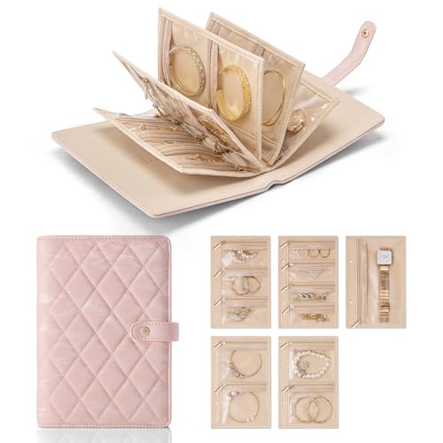 VLANDO Travel Jewelry Organizer Case,Jewelry Storage Book Ring Binder with Clear Zipper Velvet Pouch Bag for Travel Essentials,Rings,Necklace,Earrings,Bracelets,Brooches,Gifts for Women-Sand Pink - color: 06.Sand Pink