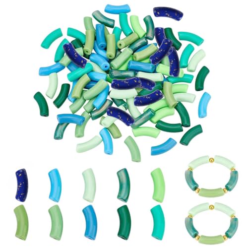 PH PandaHall 100pcs Acrylic Curved Tube Beads, 10 Style 35mm Opaque Chunk Spacer Beads Spring Summer Long Tube Noodle Slide Beads for St. Patrick’s Bracelet Necklace Jewelry Making - color: Green
