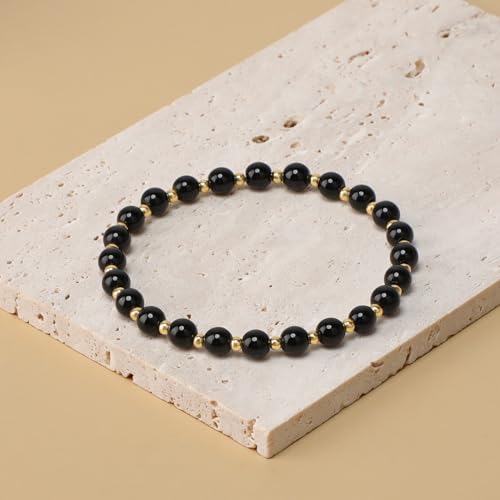 QOGIR 14k gold Handmade Healing Bracelet, Natural Gem Stone Crystal Elastic Gold Bracelet - color: Black Onyx - Protecting and Grounding, size: 6m