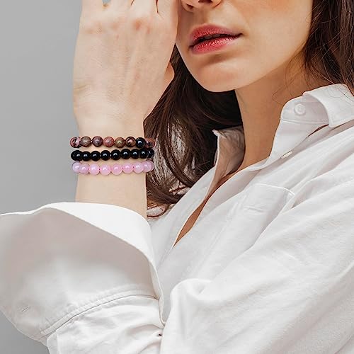 3 PCS Healing Crystal Bracelets for Women 8mm Natural Stone Beaded Stretch Bracelet Amethyst Jewelry Gifts - color: 03 8mm pink