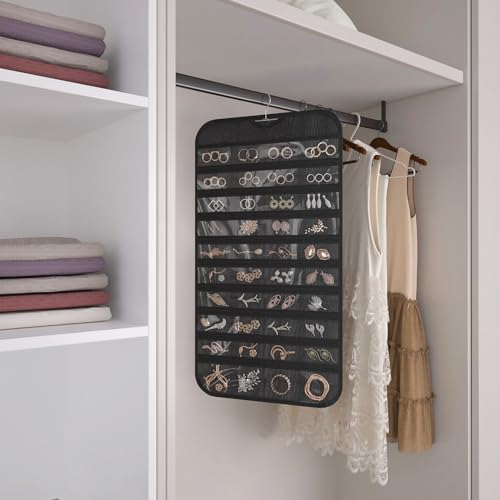 1 Pack Hanging Jewelry Organizer 80-Pocket Dual-sided Jewelry Storage for Earring Necklace Bracelet Ring Travel Holder, Black - color: Black