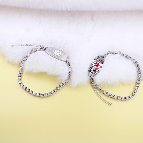 Women's Medical ID Bracelet with White Zircon Tennis Chain, Interchangeable Engraved Plate, Adjustable Lobster Clasp, Lightweight, Hypoallergenic, for Running, Outdoor, Daily Wear - color: White-BLOOD THINNER