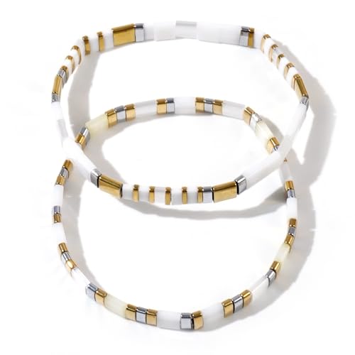 Tila Flat Beaded Bracelet for Women,Bohemian Colorful Stretch Square Glass Bead Elastic Layred Bracelet Stack, Handmade Boho Trendy Holiday Jewelry Accessories Friendship Gift - color: White Gold