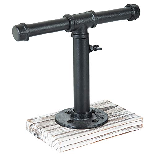 MyGift Industrial Pipe Black Metal T-Bar Adjustable Height Jewelry, Bracelet & Necklace Display Stand with Torched Wood Base - color: Black / Torched Wood