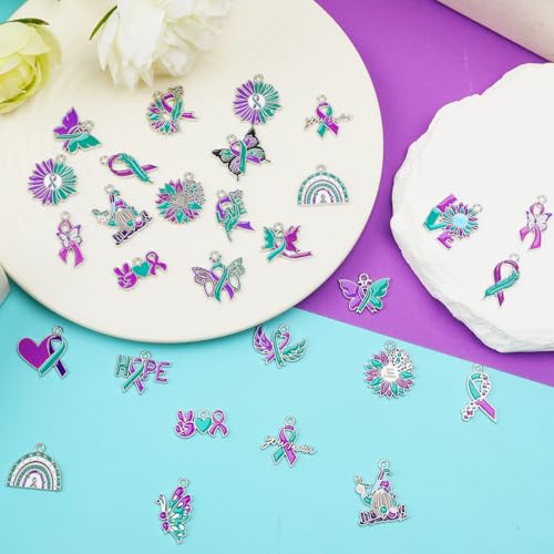 MARFOREVER 40 Pcs/20 Pairs Suicide Awareness Charms, Suicide Prevention Charms Teal Purple Ribbon Pendant for Bracelet Necklace Earrings Making Accessories - style: Suicide Awareness