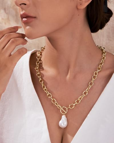 CHESKY 14K Gold Plated Chunky Necklace for Women, Trendy Paperclip Chain Necklace Thick Cross Heart Pendant Necklace Layered Herringbone Cuban Link Chain Toggle Necklaces Non Tarnish Jewelry - color: gold, style: pearl pendant