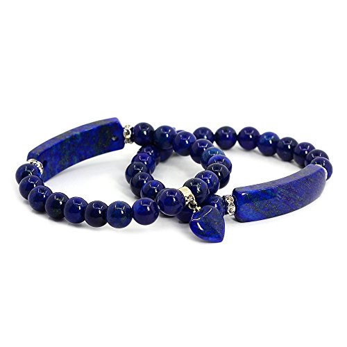Justinstones Gem Semi Precious Gemstone Love Heart Charm Stretch Beaded Bracelet Unisex - color: Blue Lapis