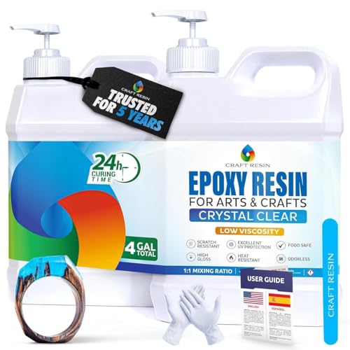 CRAFT RESIN 4 Gallon Epoxy Resin Kit - Crystal Clear Epoxy Resin Kit & Hardener for DIY Art, Mold Casting, Jewelry Making, Coasters, Table Top, Countertop Coating - Food Safe, Heat & UV Resistant - size: 4 Gallon