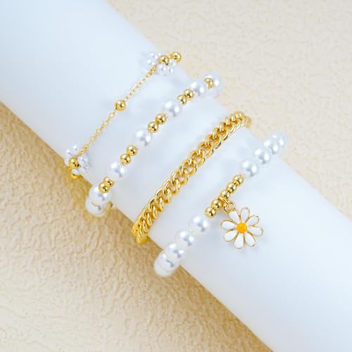 RISHEGAE Heishi Beaded Stretch Bracelets for Women Stackable Polymer Clay Beads Bracelets Friendship Boho Summer Beach Bracelet Jewelry Set - color: B-White Daisy 1