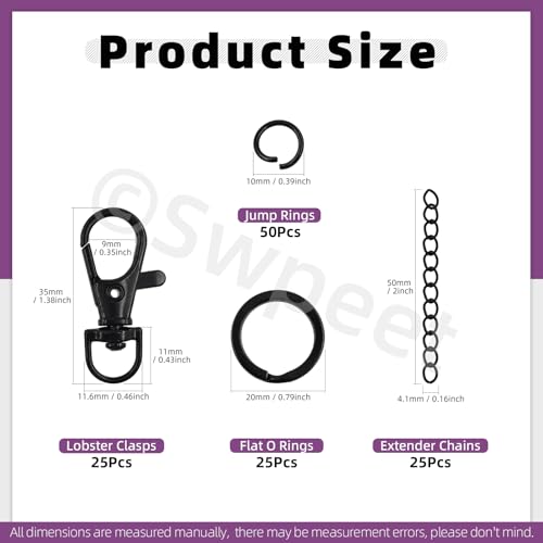 Swpeet 125Pcs Black Keychain Making Set, 25Pcs Swivel Lanyard Snap Hook, 25P Keychain Ring, 25P Extender Chains, 50P Open Jump Rings, Swivel Lobster Clasps, Keychains Clips - color: Black