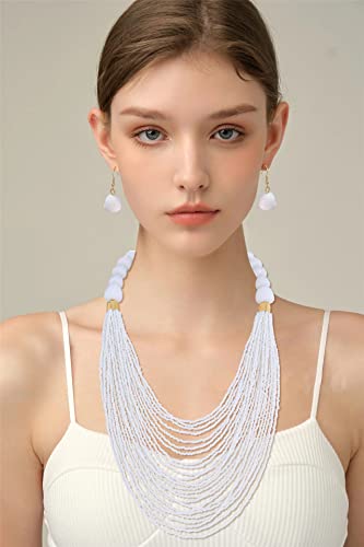 Bocar Necklace for Women, Multi Layer Statement Necklace, Long Chain Chunky Bib Seed Beads Necklace, Necklace Earring Set for Women Gift (NK-10693) - color: White