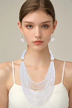 Bocar Necklace for Women, Multi Layer Statement Necklace, Long Chain Chunky Bib Seed Beads Necklace, Necklace Earring Set for Women Gift (NK-10693) - color: White
