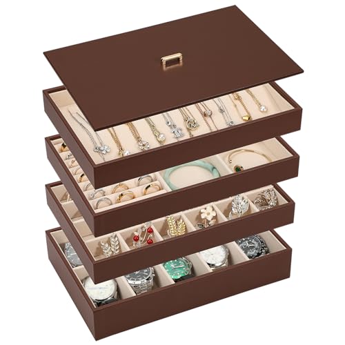 Voova Stackable Jewelry Organizer Tray with Lid, PU Leather Jewelry Storage Holder for Drawer Inserts, Jewellery Display Box Case for Earring Necklace Ring Watch Bracelet (Set of 4, Caramel Brown) - color: Caramel Brown