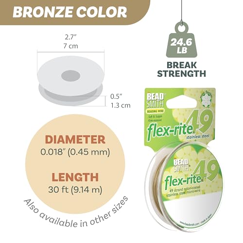 The Beadsmith Flex-Rite Beading Wire - 49-Strand Nylon-Coated Stainless-Steel Wire, 0.018" (0.45 mm) Dia, Bronze, 30 ft Spool, Durable Necklace & Bracelet String, for Jewelry Making Supplies - color: Bronze, size: .018” Dia - 30 ft