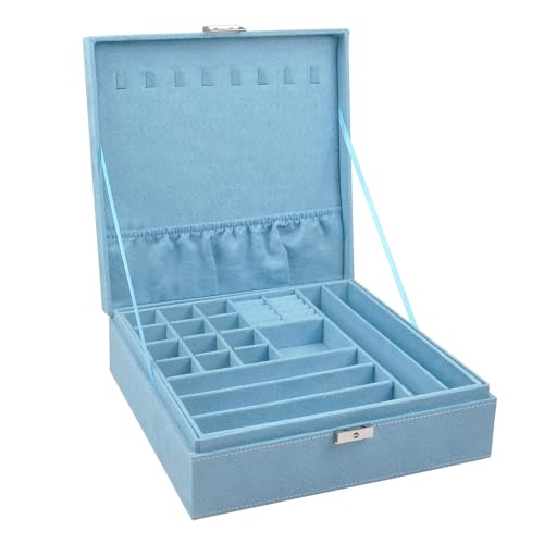 Jewelry Boxes 10 x 10 Inches 2-layer Handle Necklace Holder Organizer Jewellery Women Rings Storage Display Girls Earrings Case Lockable Jewelry Tray Blue GY641 (Blue, 2 Layer (3.34" H)) - color: Blue